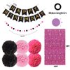 Hot Pink and Black Happy Birthday Party Decorations for Girls Women, Pink Décor Supplies with Banner, Pom Poms, Foil Curtain for Her 13th 16th 18th 20th 21st 25th 30th 40th 50th 60th Birthday Party