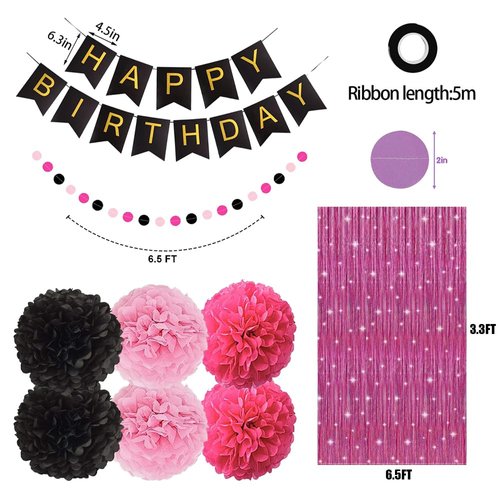 Hot Pink and Black Happy Birthday Party Decorations for Girls Women, Pink Décor Supplies with Banner, Pom Poms, Foil Curtain for Her 13th 16th 18th 20th 21st 25th 30th 40th 50th 60th Birthday Party