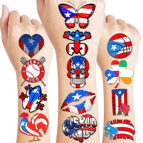 Puerto Rico Temporary Tattoos Puerto Rican Party Decorations Favors Supplies Themed Cute Stickers 10 Sheets 100 PCS Gifts for Baby Girls Boys Class School Carnival