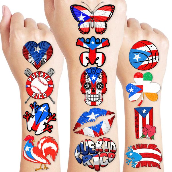 Puerto Rico Temporary Tattoos Puerto Rican Party Decorations Favors Supplies Themed Cute Stickers 10 Sheets 100 PCS Gifts for Baby Girls Boys Class School Carnival