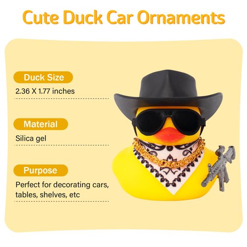 wonuu Car Rubber Duck Ornament Cool Car Accessories Duck Car Dashboard Decoration Special Prop Cowboy Hat Necklace, M416