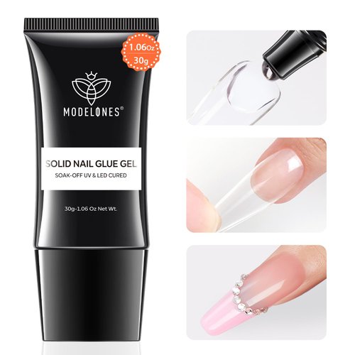 Modelones Solid Nail Gel, 30g Nail Gel for Nail Tips, Solid Nail Glue Gel for Press on Nails, Super Strong Nail Glue for Fake Nails, Acrylic Nail Gel for Long Lasting Manicure DIY at home, Cure Needed