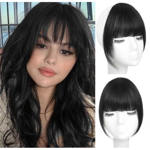 MYMYDA Clip in Bangs 100% Real Human Hair Extensions Clip on Wispy Bangs for Women Fringe with Temples Hairpieces Jet Black Color