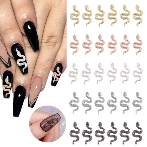 Snake Nail Art Charms 3D Alloy Snake Nail Charms Gold Silver Rose Gold Wave Snake Nail Jewelry Retro Exquisite Three-Dimensional Snake Design Nail Gems for Women Girls Nail Art Decoration 30pcs
