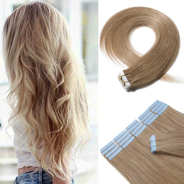Hairro Blonde Remy Human Hair Tape in Hair Extensions 18 Inch 30g Long Straight Hair Seamless Skin Weft Invisible Double Sided Tape 20pc/pack #27 Dark Blonde +10 Tape Bonds