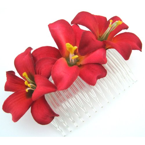Triple 2" Red Lily Silk Flower Hair Comb