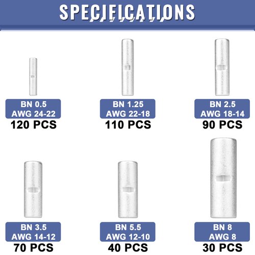 460PCS Non Insulated Butt Connectors Kit, Sopoby Butt Splice Connectors, 24-8 Gauge Uninsulated Wire Connectors of Tinned Red Copper, Electrical Crimp Terminals