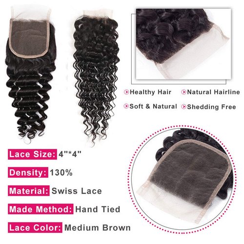 Deep Wave Closure Size 4"x4" 150% Unprocessed Brazilian Virgin Human Hair Bleached Knots Free Part Top Front Lace Closure Naturl Black Soft and Smooth (Brazilian NS-18inch 4x4)
