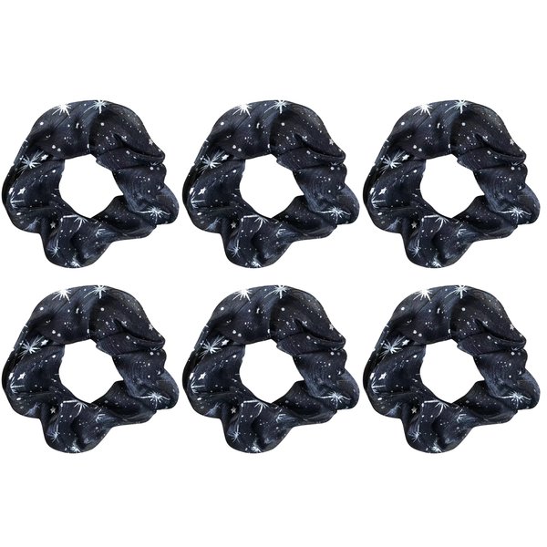 6 Pack Chiffon Stars Floral Hair Scrunchies Pineapple or Themed Style Print Slap Bracelet Ponytail Holder Elastic Hair Bands Wrist Fabric Scrunchy Hair Ties for Show/Sleepover Party Girls (Black)