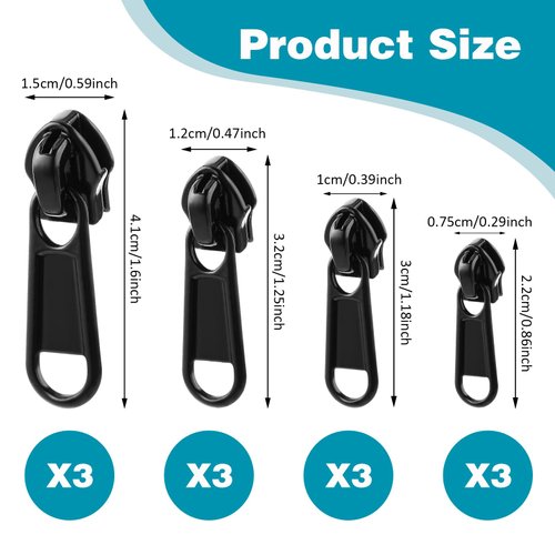 TIESOME 12 PCS Non Locking Zippers Sliders for Nylon Zipper in 4 Sizes, Black Metal Zipper Pulls Bulk#3#5#8#10Zinc Alloy Zipper Pull Replacement Slider Zipper Head for Purse Luggage(Black)