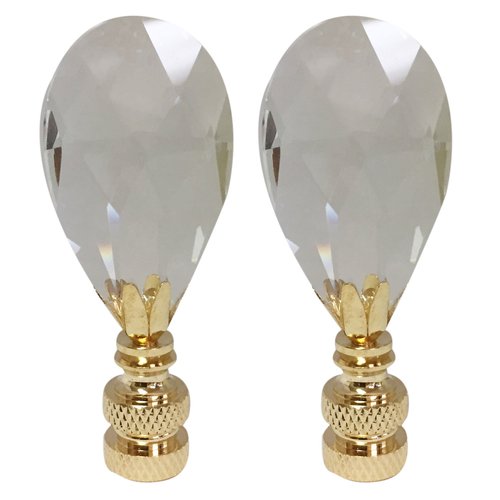 Royal Designs Radiant Teardrop 1.25" Clear Crystal Lamp Finial for Lamp Shade, Polished Brass Base - Set of 2
