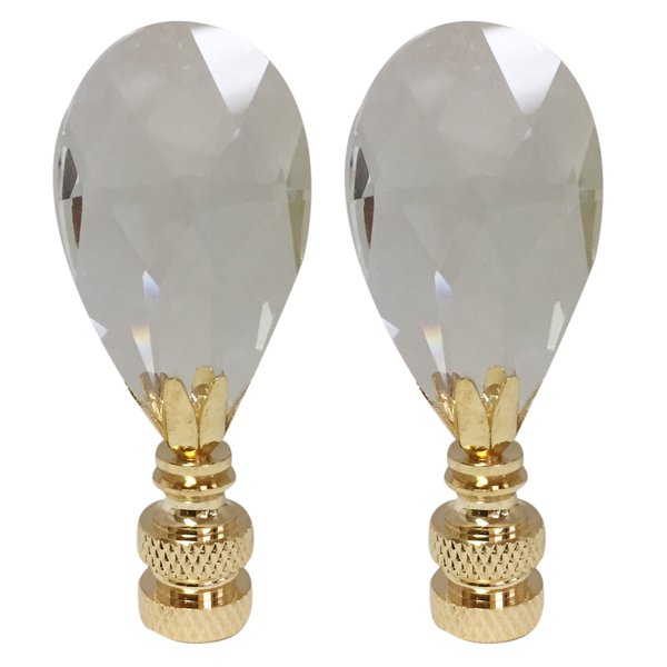 Royal Designs Radiant Teardrop 1.25" Clear Crystal Lamp Finial for Lamp Shade, Polished Brass Base - Set of 2