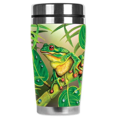 Mugzie Red Eyed Frog Travel Mug with Insulated Wetsuit Cover, 16 oz, Black