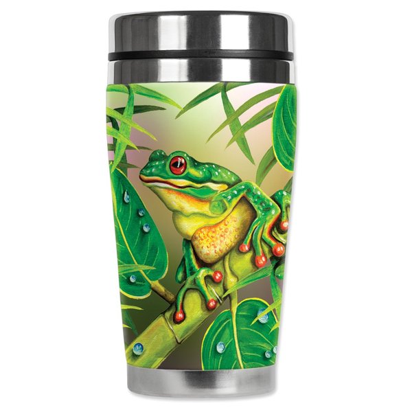 Mugzie Red Eyed Frog Travel Mug with Insulated Wetsuit Cover, 16 oz, Black