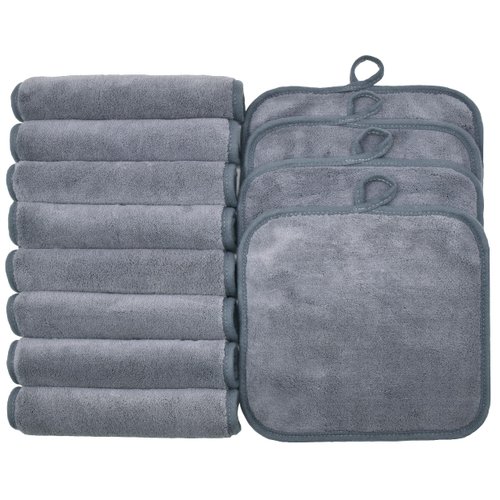 BloomSesame Makeup Remover Cloths for Face, Eye, Lips - Reusable Makeup Remover Pads Soft Microfiber Facial Cleansing Cloths 8 x 8 inch 12 Pack (Gray)