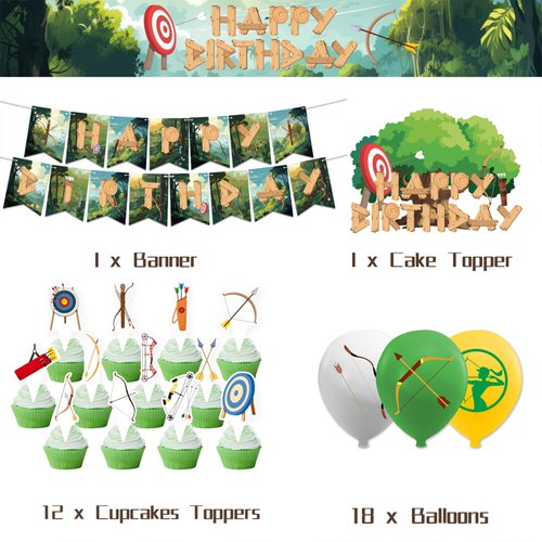 Archery Birthday Party Decorations Bow Arrow Hunting Party Supplies Includes Archery HAPPY BIRTHDAY Banner Cake Topper Cupcake Toppers Balloons for Archery Theme Party Hunting Birthday Decorations