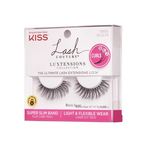KISS Lash Couture LuXtensions Collection False Eyelashes, Flat Lash Technology, Real Lash Extension Fibers, Reusable, Contact Lens Friendly Strip Lashes, Style 'Black Swan', 1 Pair