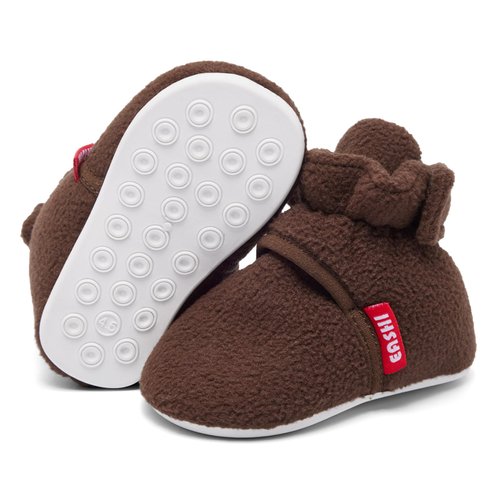 Eashi Baby Booties Boys Girls Infant Soft Non-Slip Slippers Toddler First Walkers Warm Sock Shoes Winter Sole Cozy Fleece Gripper Crib Adjustable Newborn House Wide Indoor Khaki 15-18 Months