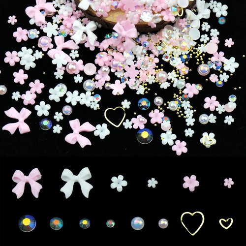 CESUSME 3D Pink White Mini Flower Bows Nail Charms Flowers Acrylic Nail Charms with Golden Round Beads Nail Gems Charms for Nail Art DIY Accessories