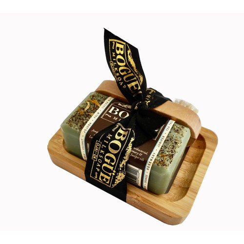 Gardener Goat Milk Soap GiftSet- BOGUE No.11 with Detoxifying Juniper Berry & Cornmeal Exfoliate, Remove Dirt & Grime. EO of Tea Tree, Healing Rosemary & Lavender, nail scrubber & soap dish