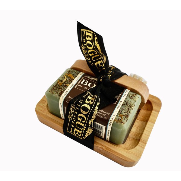 Gardener Goat Milk Soap GiftSet- BOGUE No.11 with Detoxifying Juniper Berry & Cornmeal Exfoliate, Remove Dirt & Grime. EO of Tea Tree, Healing Rosemary & Lavender, nail scrubber & soap dish