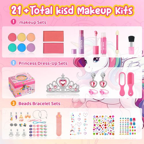 Kids Makeup Kit for Girls, Real Washable Cosmetic Set with Mirror, Jewelry Bracelet Making Kit for Kids Makeup Toy, Kids Makeup Sets for Girls 4 5 6 7 8 9 10 11 12 Years Old Kid (Pink)