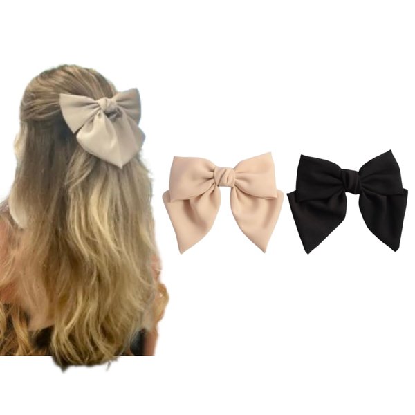 generic 2pk fabric bow barrettes - black and khaki, black, beige