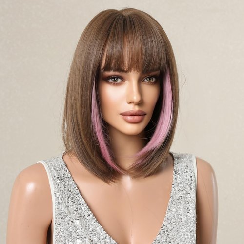 Tumhorn Short Straight Brown Wigs Synthetic Pink Highlights Bob Wigs for Women Heat Resistant Natural Looking Wig with Bangs