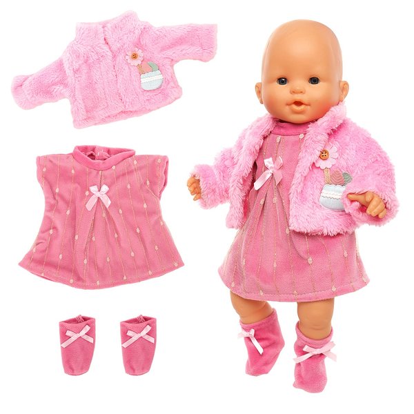 ENOCHT 3 Pieces Baby Doll Clothes Pink Dress with Coat Socks for 14-18 Inch Doll Sweet Cute Doll Clothes for New Born 15 Inch Baby Dolls