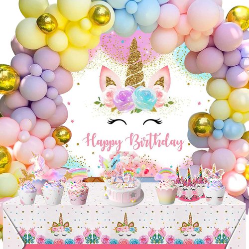 Lnkdeya Unicorn Birthday Party Decorations Girls - 132PCS Kids Unicorn Theme Party Supplies Pink Unicorn Party Decorations with Unicorn Balloons Tablecloth Backdrop Balloons arch