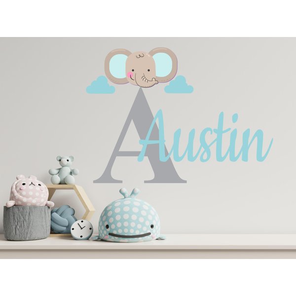 Nursery Elephant Face Custom Name & Initial Wall Decal - Personalized Name Wall Art Decor - Nursery Wall Sticker - Wall Decal for Baby Room playroom Decoration (Wide 40"x29" Height Inches)