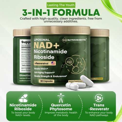 NutraHeights NAD+ Supplement | 900mg Liposomal Nicotinamide Riboside with Resveratrol & Quercetin | Cellular Energy, Focus, Healthy Aging Support | 90 Vegan Capsules | Non-GMO