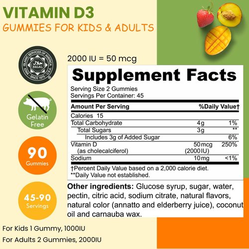 SHIFAA NUTRITION Vegetarian Vitamin D3 Gummies for Adults & Kids | 45-90 Servings, 2,000IU / 1,000IU | Non-GMO, Gluten-Free, Gelatin-Free | Supports Bones, Muscles & Immune System Halal Vitamins