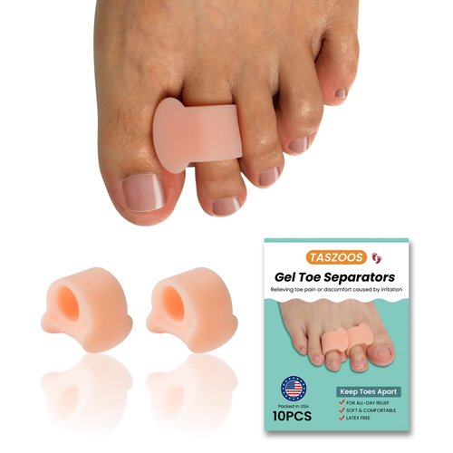 Taszoos Gel Toe Separator Spacers - (10pcs) Toe Spreaders with Aloe Vera Extract, Toe Corrector for Curled, Overlapping Toes, Bunions, Blister (Medium Size, Beige)
