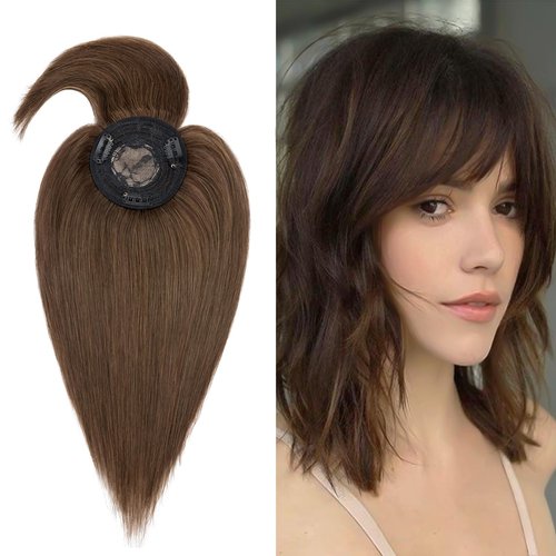 MY-LADY Top Hairpieces for Womem with Bangs Natural Mono Base Topper 100% Real Human Hair Clip in on Hair Piece Straight Middle Part for Hair Loss Thinning Hair Gray 16 Inch #4 Medium Brown