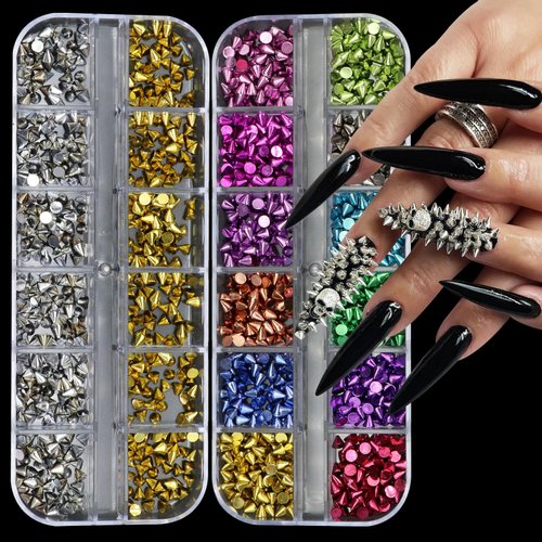 YAEISM 1200PCS Metal Rivet Punk Nail Charms 24Grid Cone Metalic Spike Studs for Gothic Nail Art Alloy Nail Studs Mix Color Rhinestone Studs for DIY Crafts Decoration