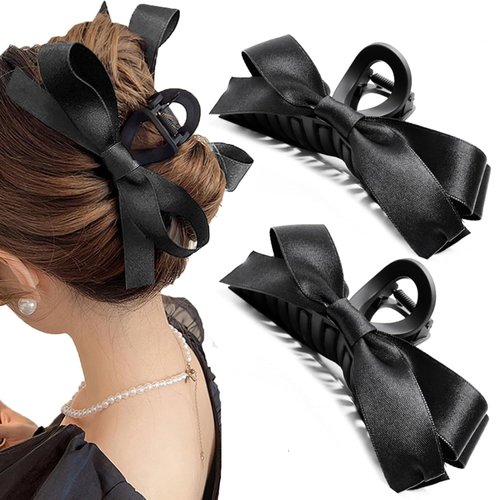 2pcs Hair Bows Claw Clip for Women Girls Hair Claw Clip Stylish Strong Hold Hair Claw Barrette for Thick Thin Hair Big Bows Hair Clips Bow Barrettes for Girls Cute Hair Accessories (Black)