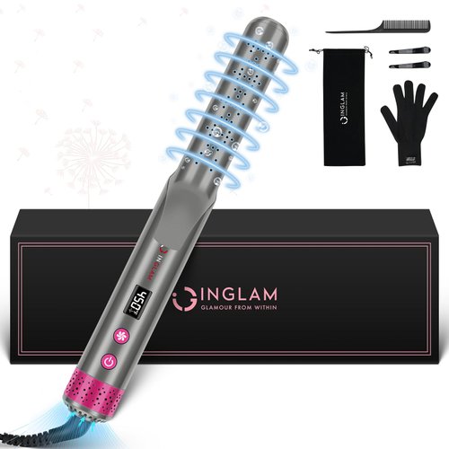 IG INGLAM 360° Fan Airflow Styler Curling Iron 1 Inch Curling Wand Lock Hair Style Flat Iron Hair Straightener and Curler 2 in 1, LCD Display Adjustable Temp Negative Ionic Travel Dual Voltage, Grey