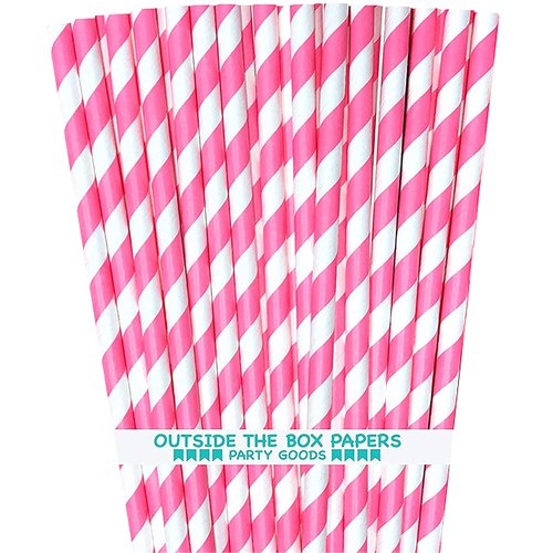 Striped Paper Straws - Pink White - Valentine - Birthday Party Supply - 7.75 Inches - Pack of 100 - Outside the Box Papers Brand