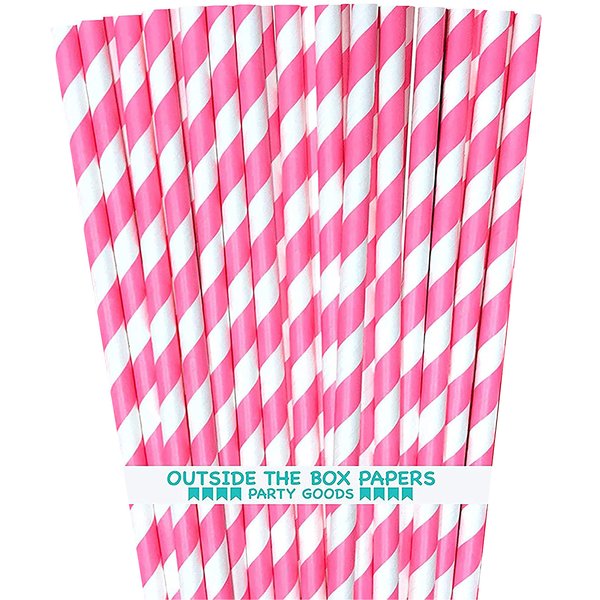Striped Paper Straws - Pink White - Valentine - Birthday Party Supply - 7.75 Inches - Pack of 100 - Outside the Box Papers Brand
