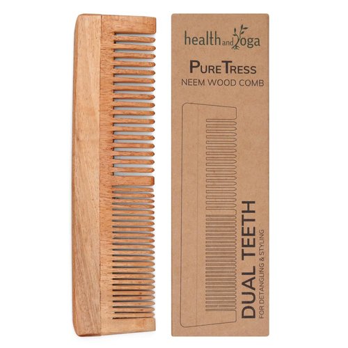 HealthAndYoga™ PureTress Handcrafted Dual Teeth Neem Wood Comb – Fine PLUS Wide Tooth Comb for Women and Men - Non-Static and Eco-Friendly – Versatile for Curly and Wet Hair -7 inch