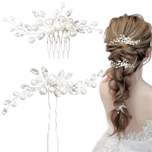 2 PCS Bride Wedding Pearl Hair Pin Rhinestone Hair Comb Crystal Wedding Hair Accessories for Women and Girls Bridesmaids Brides Flower Girls Hair Accessories (Silver)
