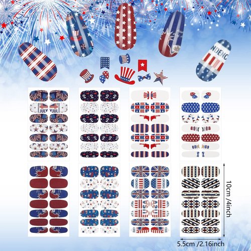 8 Sheets Patriotic Nail Wraps 4th of July Full Wrap Nail Polish Stickers American Flag Independence Day Nail Art Stickers Self Adhesive Nail Decals Strips with Nail File for Memorial Day