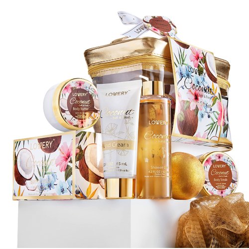 Christmas Bath and Body Gift Set, Coconut Bath Set, Spa Gifts for Women, Home Spa Kit, Self Care - 24K Gold Bath Bomb, Body Lotion, Shower Gel, Body Butter, Scrub, Salts, Shower Puff, Cosmetic Bag