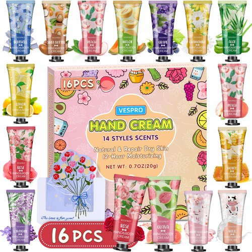 VESPRO 16 Pack Hand Cream Gifts Set, Christmas Stocking Stuffers Gifts For Women, Bulk Hand Lotion Travel Size for Dry Cracked Hands, Mini Hand Lotion for Thank You Gifts with a Greeting Card