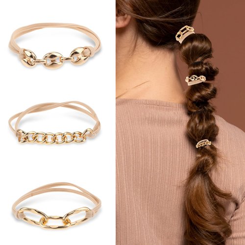 Qianyu 3Pcs Gold Bracelet Hair Ties Soft Gold Jewelry Elastics Hair Tie Pretty Chain No Crease Ponytail Holders Luxury Jewelry Hair Scrunchie Accessories for Work Sport Yoga Stylish Girls