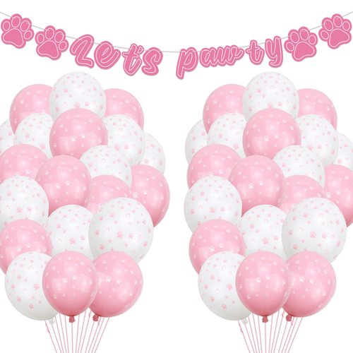 Puppy Dog Paw Print Balloons - Dog Birthday Party Supplies Including Let's Pawty Banner, Pet Balloons, Pink Balloons for Dog Party, Cat Party, Kid's Birthday Party