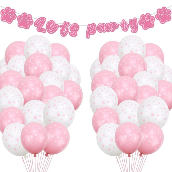 Puppy Dog Paw Print Balloons - Dog Birthday Party Supplies Including Let's Pawty Banner, Pet Balloons, Pink Balloons for Dog Party, Cat Party, Kid's Birthday Party