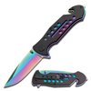 TAC Force Spring Assisted Folding Pocket Knife – Rainbow TiNite Coated Drop Point Blade and Liner, Black Aluminum Handle w/ Rope Cutter, Glass Punch, and Clip, Tactical, EDC, Rescue - TF-509 4.75 inch