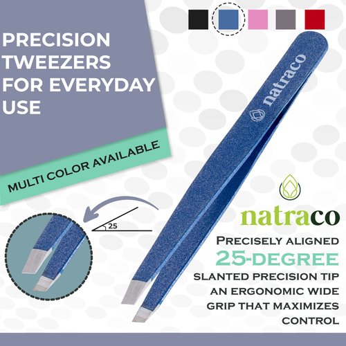 natraco Slant Tweezers - Sharp Precision Stainless Steel - Professional Tweezers for Eyebrows & Facial Hair Removal (Blue Textured)